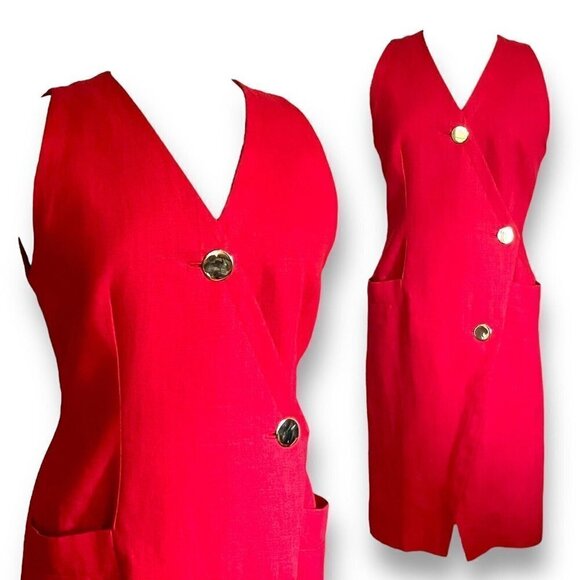 Bill Blass Womens Vintage 1980s Dress Sz 10 Red Linen Sheath Structured New Wave - Picture 1 of 13